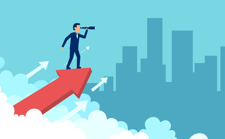 Smart businessman looking forward in spyglass Concept graphic design of businessman on growing arrow looking in future with spyglass against cityscape